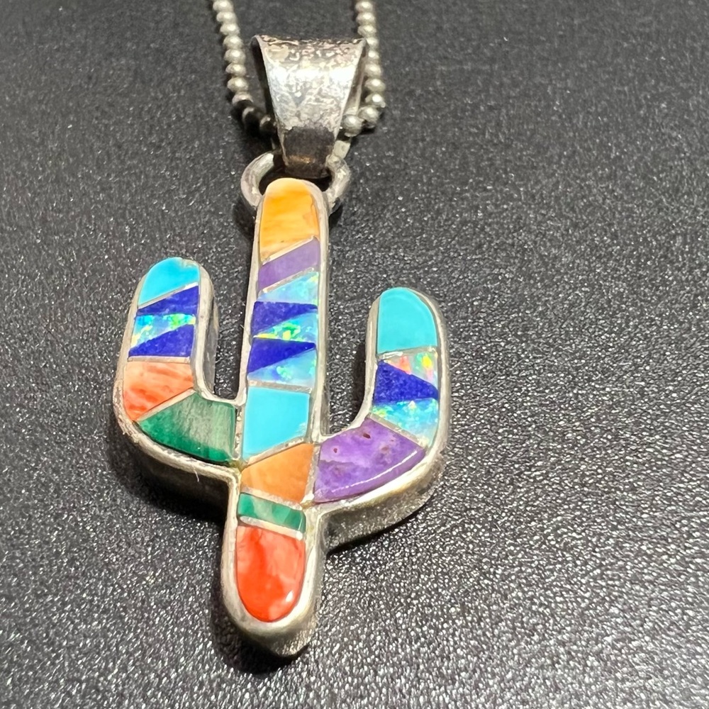 Vtg Earl Plummer Signed Sterling Silver Inlay Cactus Pendant Necklace Ball Chain